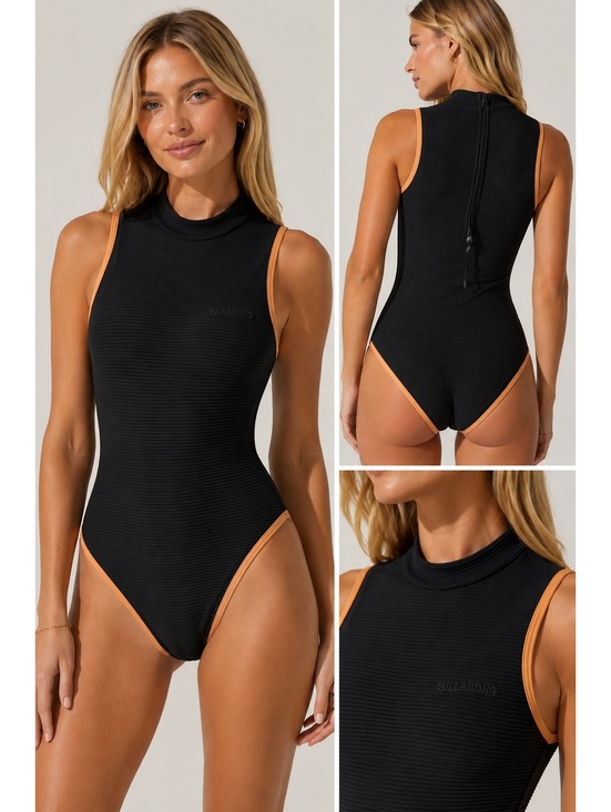 Billabong Other - Billabong Ribbed One Piece Swimsuit Black Tan Trim Mock Neck Back Zip Size Small